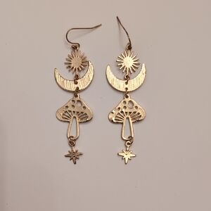 Gold Crescent Moon, Star and Mushroom Earrings